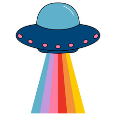 Cartoon UFO with a rainbow on white background. Aliens spaceship. Vector illustration.