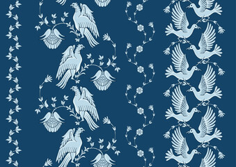 Byzantine traditional historical motifs of animals, birds, flowers and plants Seamless border pattern, linear ornament, ribbon in blue. Vector illustration.