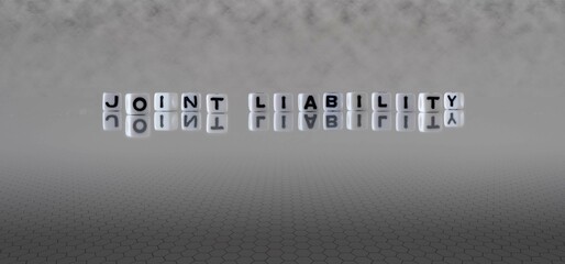 joint liability word or concept represented by black and white letter cubes on a grey horizon...