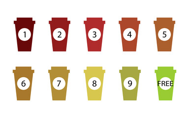Loyalty card for cafe coffee. Stamps card collect 9 get 1 free. Vector illustration with white background