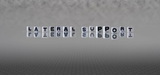 lateral support word or concept represented by black and white letter cubes on a grey horizon background stretching to infinity