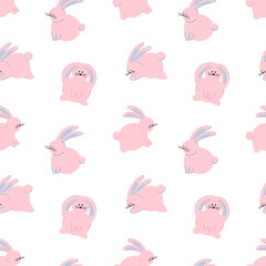 Vector seamless pattern with cute pink bunnies in cartoon style, cute animals, bunnies. Children's vector illustration for postcards, clothes, fabrics, design.
