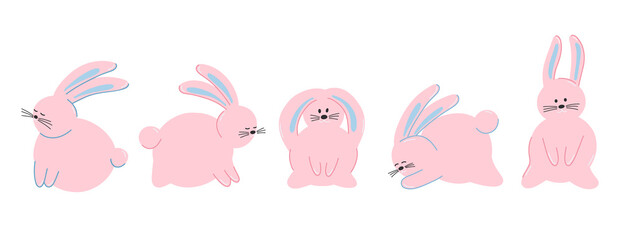 Vector set of cute pink rabbits in cartoon style, cute animals, bunnies. Children's vector illustration for postcards, clothes, fabrics, design.