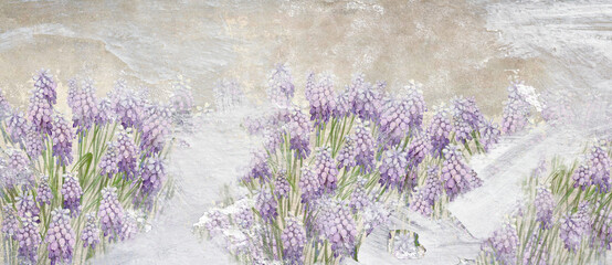 art painted flowers hyacinth on a shabby background a small field of flowers photo wallpaper in the interior - obrazy, fototapety, plakaty