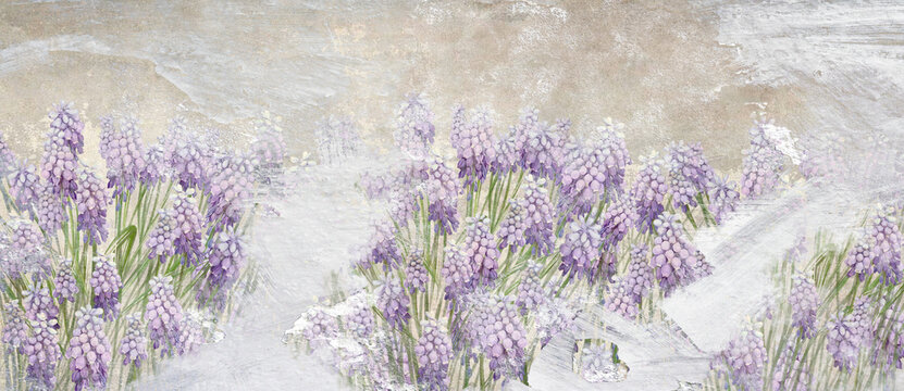 art painted flowers hyacinth on a shabby background a small field of flowers photo wallpaper in the interior
