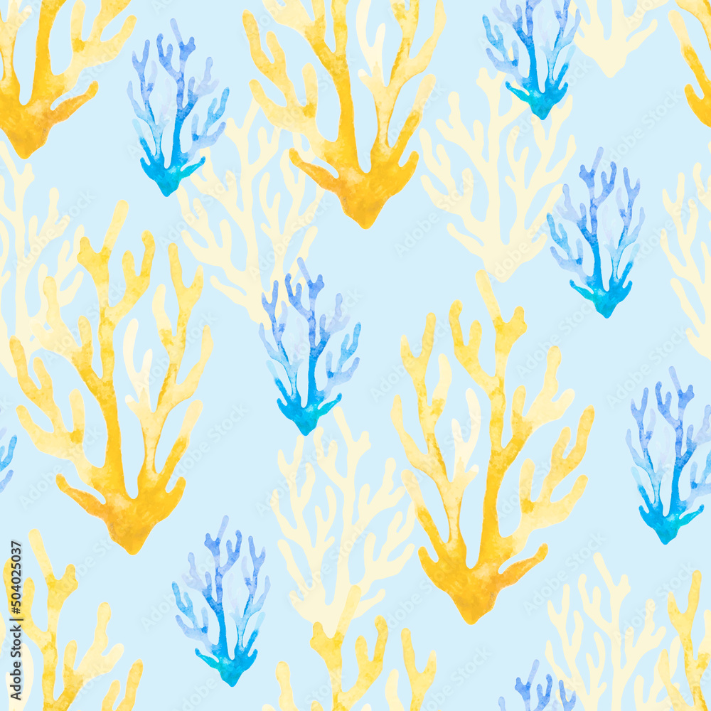Poster seamless watercolor vector pattern with algae and jellyfish.