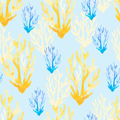 Seamless watercolor vector pattern with algae and jellyfish.