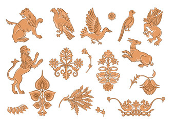 Byzantine traditional historical motifs of animals, birds, flowers and plants Clip art, set of elements for design Vector illustration.