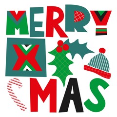 Merry Xmas collage lettering art. Christmas greeting card. Merry Christmas cut out letters and forms. Christmas lettering quote. New year written text.