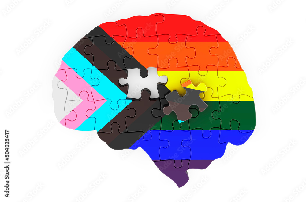 Poster modern lgbtq flag painted on the brain from puzzles. 3d rendering