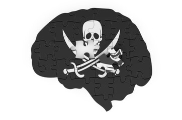 Pirate flag painted on the brain from puzzles. 3D rendering