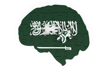 Saudi Arabian flag painted on the brain from puzzles. Scientific research and education in Saudi Arabia concept, 3D rendering