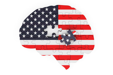 The United States flag painted on the brain from puzzles. Scientific research and education in the USA concept, 3D rendering