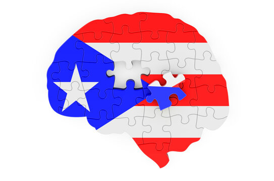 Puerto Rican flag painted on the brain from puzzles. Scientific research and education in Puerto Rico concept, 3D rendering