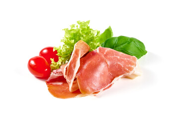 Traditional cured jamon, isolated on white background.