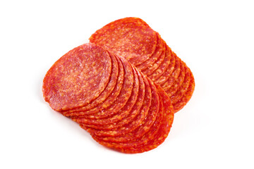 Chorizo sausage slices, Traditional spanish sausage, isolated on white background.