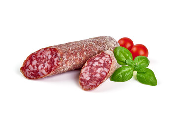 Italian salami with mold, isolated on white background.