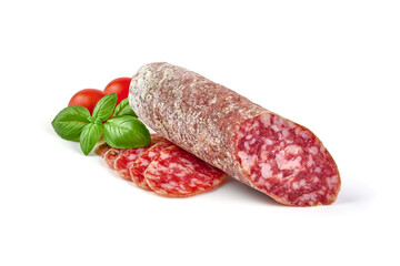 Italian salami with mold, isolated on white background.