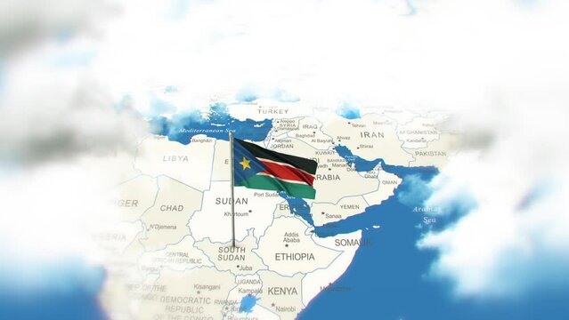 South Sudan Map And Flag With Clouds