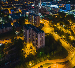 Katowice, May 8, 2022, Poland, Silesia. View of Katowice at night from a drone. View of the saucer in Katowice and the KTW building. Katowice city concept at night aerail view.