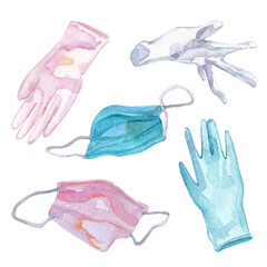 Watercolor set of pink and blue medical masks and medical gloves. Hand drawn illustration isolated on white background.