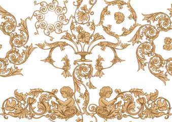 Seamless pattern, background In baroque, rococo, victorian, renaissance style. Trendy frolar vintage pattern in vintage beige colors. Vector illustration