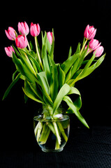 front view medium distance of, a glass vase filled with long stem pink tulips with green stems and leaves against a black background