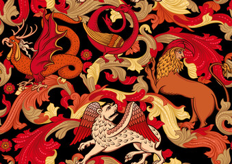 Medieval mythical animals, illuminati manuscript inspiration, romanesque style. Seamless pattern, background. Vector illustration.
