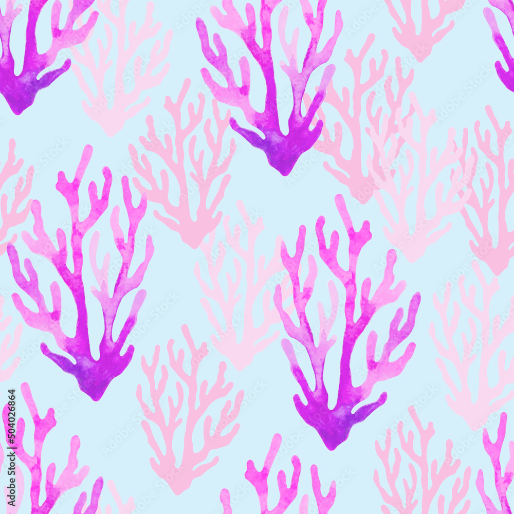 Poster seamless watercolor vector pattern with algae and jellyfish.