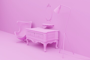 Abstract room in pink pastel color on pink background. Minimalistic concept, abstract room. Modern work, creative. 3D rendering, 3D illustration.
