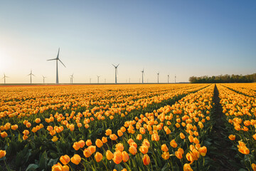 Tulip fields and rows of grand Wind Turbines at dusk in Noordoostpolder part of Netherlands