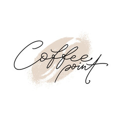 Coffee point hand written words with coffee bean on the background. Lettering coffee graphic concept.