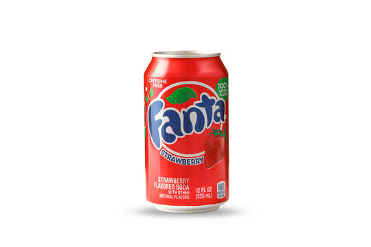 Moscow, Russia, May 10, 2022. Fanta Fruit with strawberry flovered soda, isolated on white background