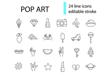 Pop art linear icons collection. Vintage design. Banana, lipstick and hand pose. Isolated vector stock illustration