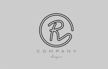 black and grey R alphabet letter logo icon design with line. Handwritten template for business and company