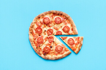 Homemade pizza top view on a blue background.
