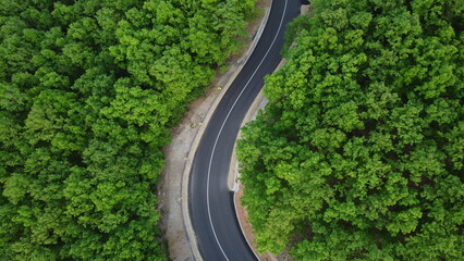 Fototapeta premium Aerial shot of a winding road passing through a beautiful dense green forest 