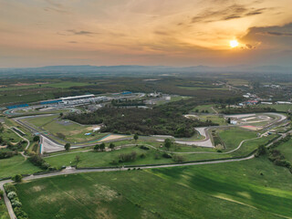 Hungary - Hungaroring at amazing epic sunset time from drone view.