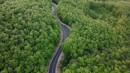 Aerial shot of a winding road passing through a beautiful dense green forest	