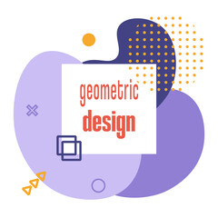 Vector drawing with purple background, shapes and geometric elements in Memphis style. Postcard with abstract design for prints, flyers, banners, invitations, special offers.