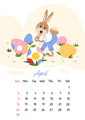 Vertical calendar for April 2023 with cute Easter rabbit with an egg. Vector illustration the year of the rabbit, symbol of 2023. Week starts on Sunday