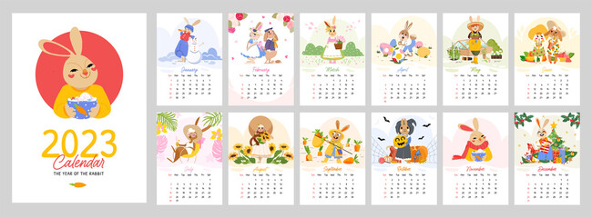Calendar 2023 with cute rabbit. Covers and 12 month pages bunny character symbol year. Flat cartoon template, cute hare lies beach, gives gift, drink latte, Halloween, Easter, vector