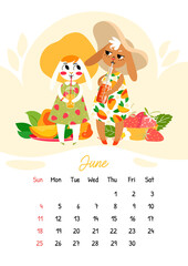 Vertical vector calendar for June 2023 with cute rabbit with summer drink. The year of the rabbit, symbol of 2023. Week starts on Sunday
