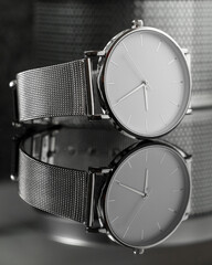 Elegant aluminum-colored watch with metallic mesh on a reflective base and metallic background