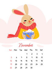 Vertical vector calendar for November 2023 with cute rabbit with cup of latte. The year of the rabbit, symbol of 2023. Week starts on Sunday