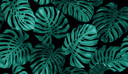 Vintage seamless pattern with monstera leaves. Exotic plants in realistic style. Foliage design on a black background. Vector botanical illustration.  © Anna Sm