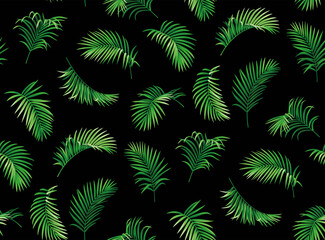 Naklejka na ściany i meble Vintage seamless pattern with tropical palm leaves. Exotic plants in realistic style. Foliage design on a black background. Vector botanical illustration. 