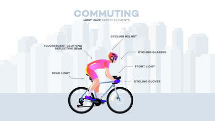 Protective safety equipment for cyclists. Must have commuting cycling gear. Educational infographic ilustration. PRO tips.