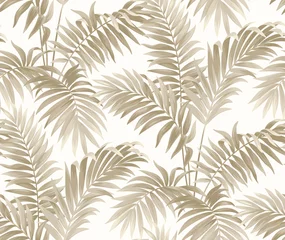 Gardinen Pflanzen Muster  Vintage seamless pattern with tropical leaves in realistic style. Exotic plants. Vector botanical illustration. Foliage background for wallpaper, textile, wrapping paper and greeting card.  © Anna Sm