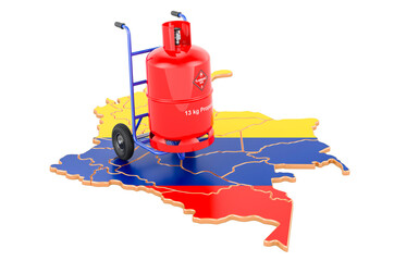 Colombian map with propane gas cylinder on hand truck. Gas Delivery Service in Colombia, concept. 3D rendering